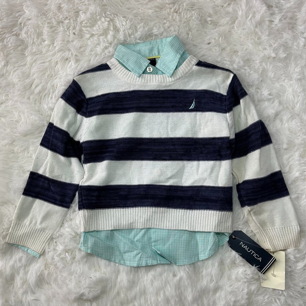 Nautica Boys Sweater Shirt Set Size 2T Crew Neck Stripe Plaid Button NWT